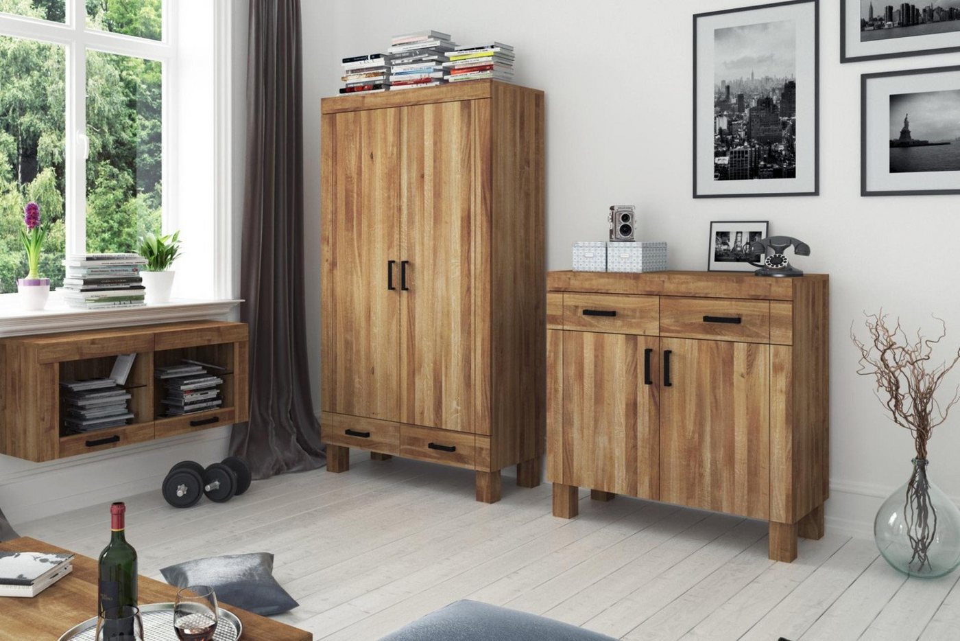 Natur24 Sideboard Kommode Ringo Wildeiche massiv 105x45x105 mit 2 Türen und 2 Schubladen von Natur24