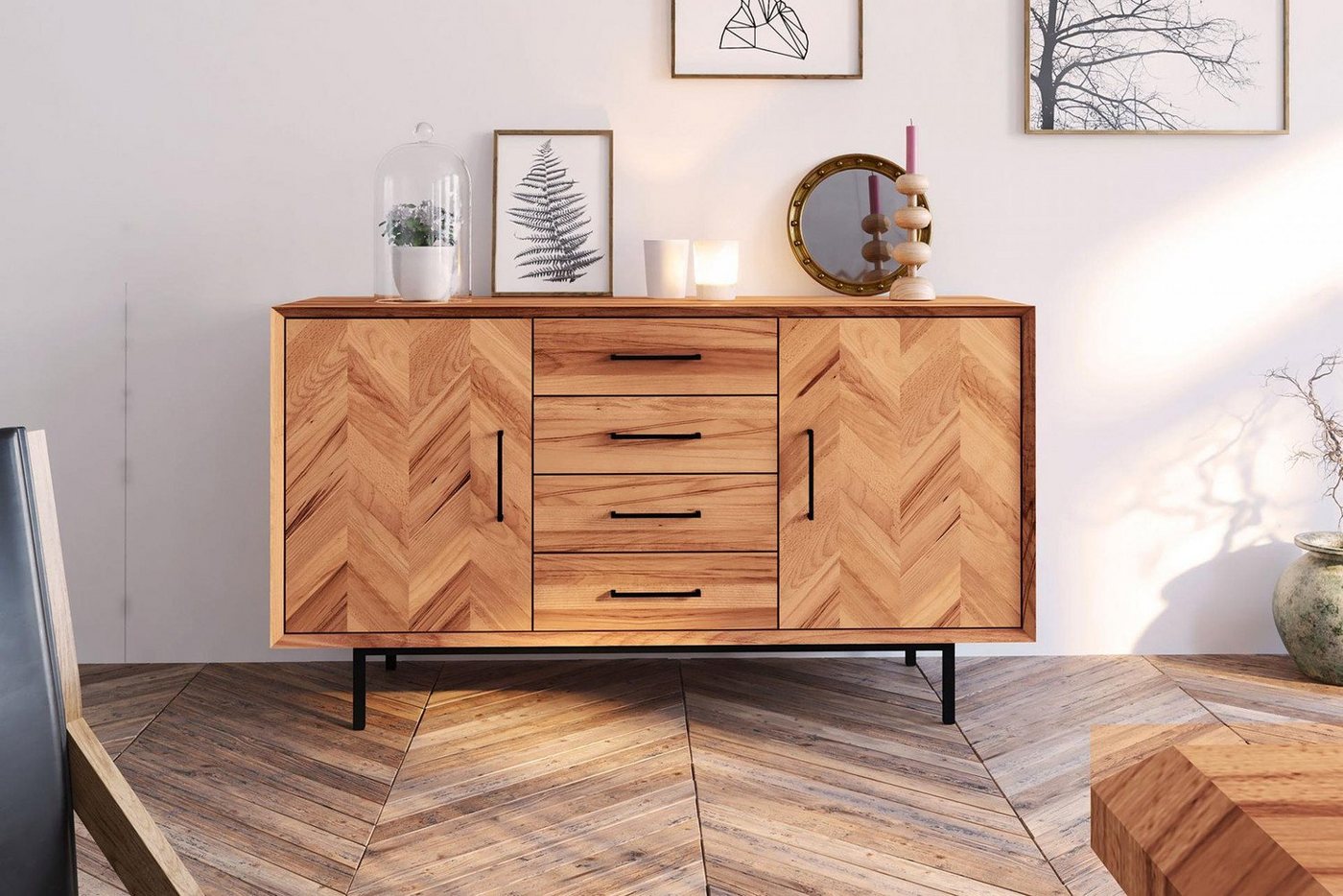 Natur24 Sideboard Kommode Seiba Kernbuche 144x45x80 mit 4 Schubladen 2 Türen Fischgrät von Natur24