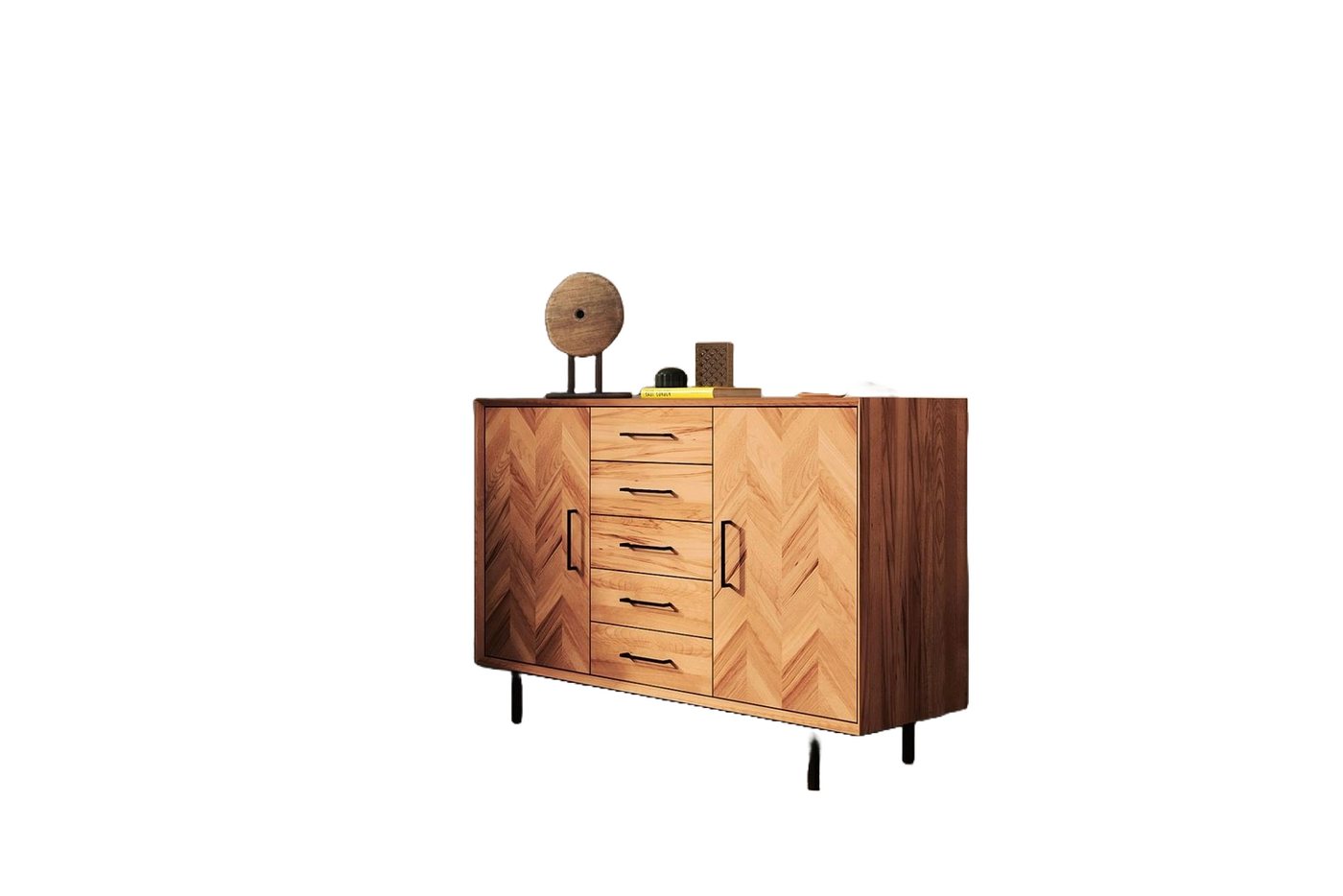 Natur24 Sideboard Kommode Seiba Kernbuche 144x45x95 mit 2 Türen 5 Schubladen Fischgrät von Natur24