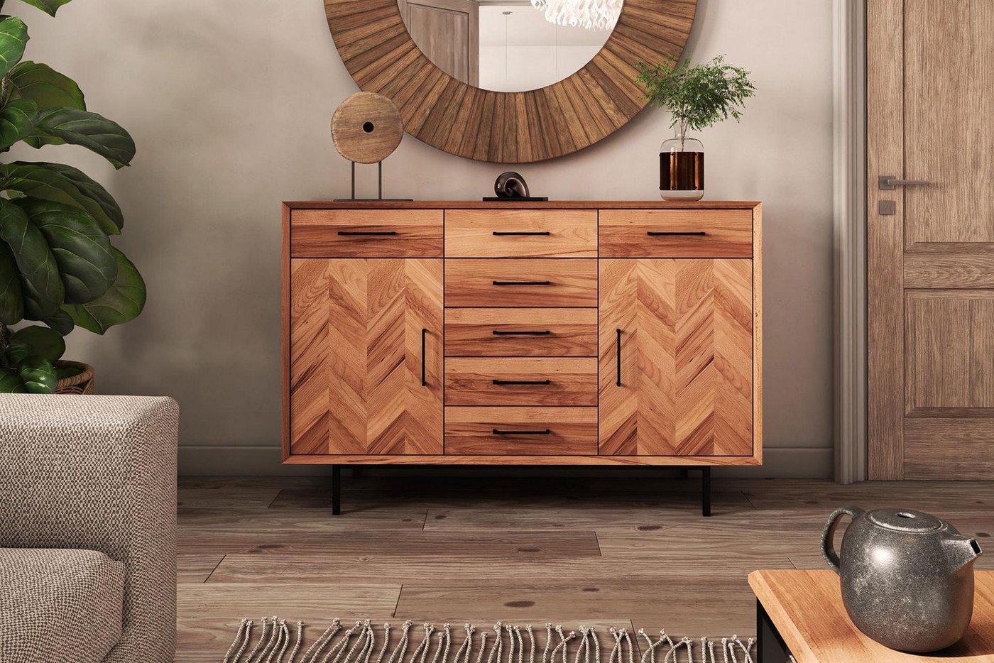 Natur24 Sideboard Kommode Seiba Kernbuche 144x45x95 mit 2 Türen 7 Schubladen Fischgrät von Natur24