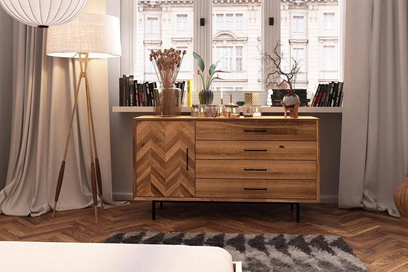 Natur24 Sideboard Kommode Seiba Wildeiche 144x45x80 mit 1 Tür 4 Schubladen von Natur24