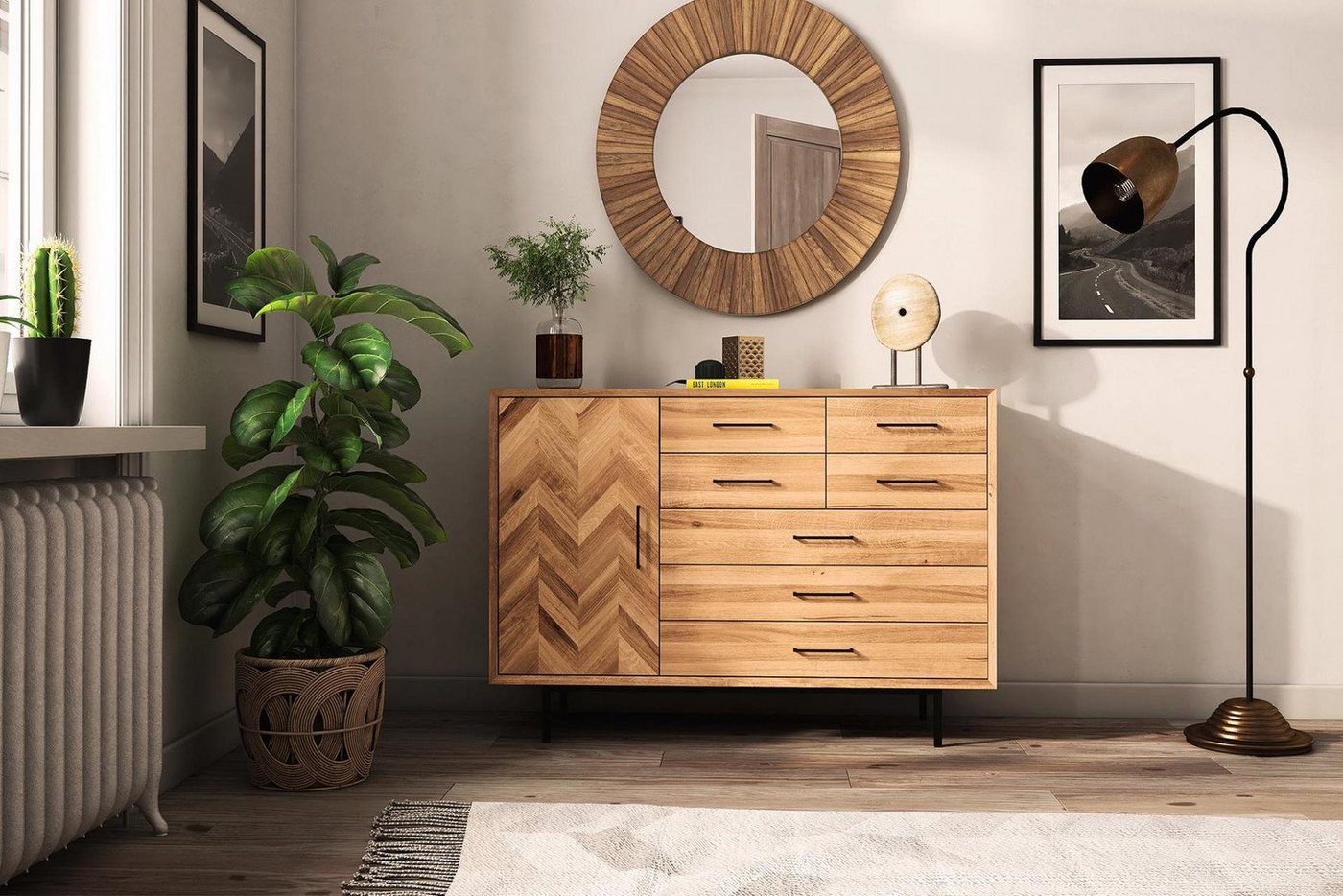 Natur24 Sideboard Kommode Seiba Wildeiche 144x45x95 mit 1 Tür 7 Schubladen von Natur24