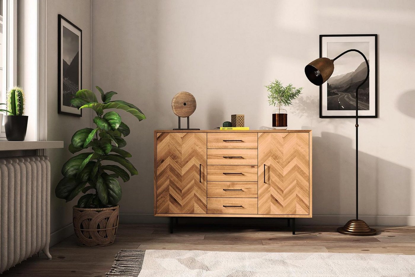 Natur24 Sideboard Kommode Seiba Wildeiche 144x45x95 mit 2 Türen 5 Schubladen Fischgrät von Natur24