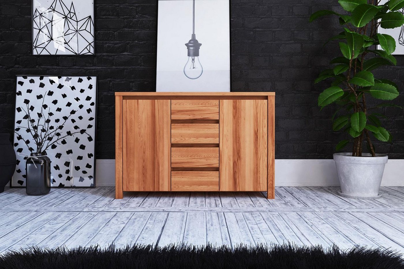 Natur24 Sideboard Kommode Tinci Kernbuche 115x45x77 mit 2 Türen 4 Schubladen Holzbeinen von Natur24