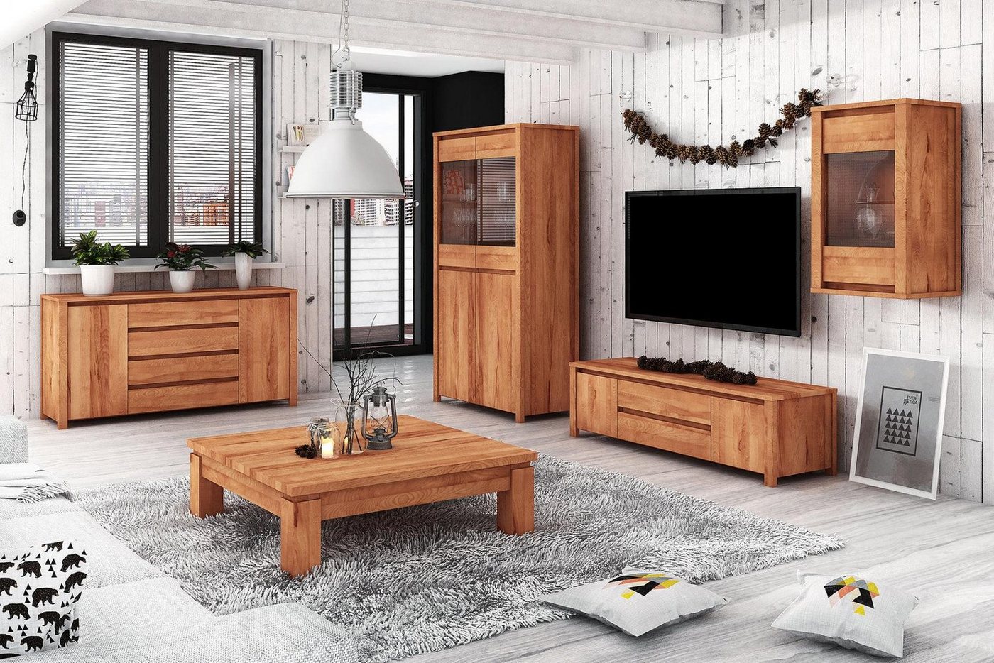 Natur24 Sideboard Kommode Tinci Kernbuche 150x45x43 mit 2 Türen 2 Schubladen Holzbeinen von Natur24