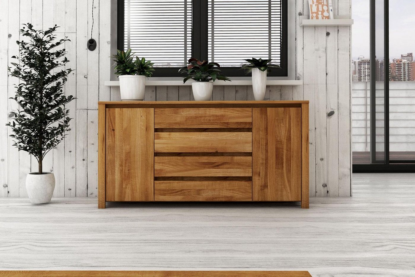 Natur24 Sideboard Kommode Tinci Wildeiche 150x45x77 mit 2 Türen 4 Schubladen Holzbeinen von Natur24