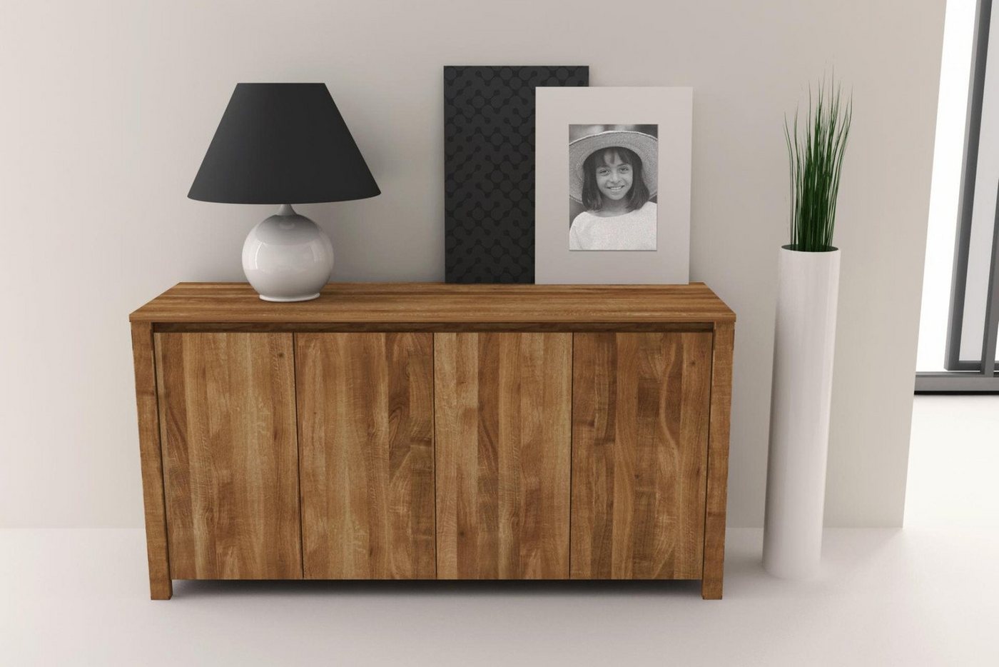 Natur24 Sideboard Kommode Tinci Wildeiche massiv 150x45x77 mit 4 Türen und Holzbeinen von Natur24