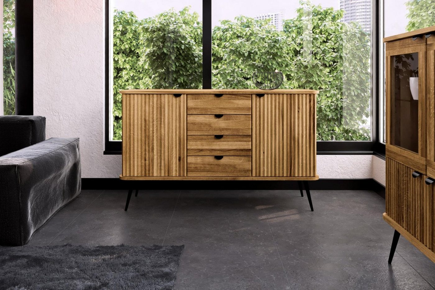 Natur24 Sideboard Kommode Tula Wildeiche 144x46x87 mit 4 Schubladen 2 Türen Riffelfront von Natur24