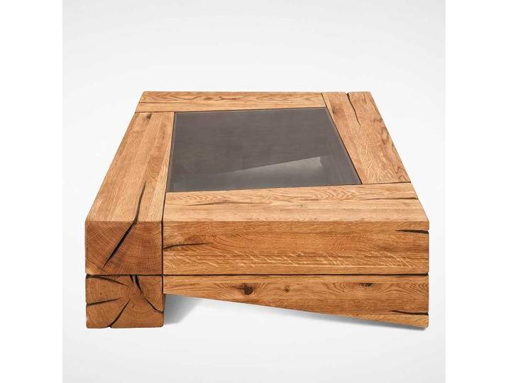 Design Sofatisch aus Asteiche Massivholz eingelassener Glasplatte von Natura-Classico