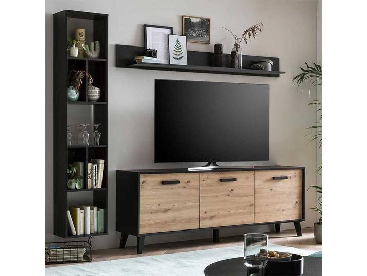 Design Wohnwand in Wildeichefarben & Schwarz 40 cm tief (dreiteilig) von Natura-Classico