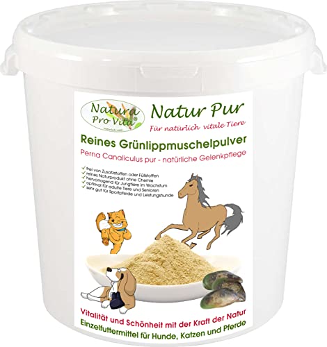 Grünlippmuschelpulver Hund gut für Knochen Gelenke Sehnen Haut Fell Natur pur Top Qualität natürliche Taurinquelle reines Grünlippmuschelpulver Glycosaminoglycane (GAG) hohe Bioverfügbarkeit 1kg Eimer von Natura Pro Vita