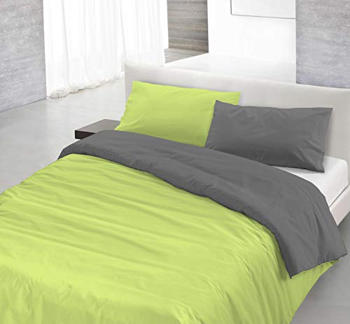 Italian Bed Linen Natural Color Doubleface Bettbezug, 100% Baumwolle, Säure grün/Rauch, Doppelte von Italian Bed Linen