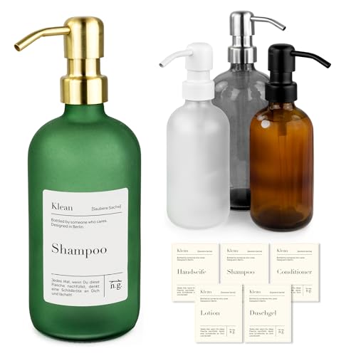 Natural Goods Berlin Seifenspender mit Etiketten KLEAN transparent grün Ø 6 x 18 cm - 250ml mit Edelstahl-Pumpkopf in schwarz/hochwertiger & nachfüllbarer Seifenspender für Küche & Bad von Natural Goods Berlin