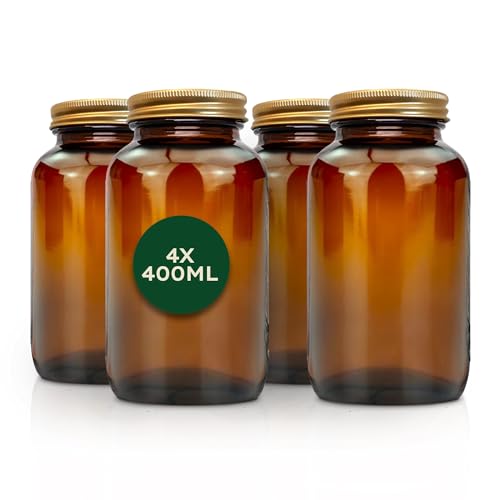 Nature Basics Vorratsdosen Glas Set - 4 x 400 ml - Braungläser mit Gewinde und dicht schließendem Aludeckel - zur Aufbewahrung von Lebensmitteln & Kosmetikartikeln - Luftdicht & Spülmaschinenfest von Nature Basics