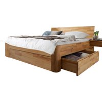 Massivholz Bett mit Schubladen in Kernbuchefarben 215 cm tief von Nature Dream