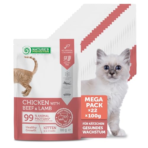 Nature’S Protection Kitten Nassfutter - Getreidefreies Katzennassfutter mit Huhn, Rind & Lamm in Sauce - Proteinreiches Nassfutter für Katzen ohne Zucker & Getreide - Gesundes Wachstum (22 x 100g) von Nature's Protection