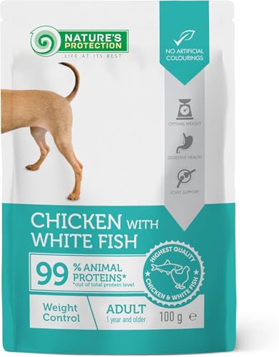 Nature’s Protection Hundenassfutter mit Huhn & Weißfisch - Hundefutter ohne Getreide für Erwachsene Hunde - Gewichtskontrolle & Verdauung - Omega 3 - Fettarm & sensitiv (22 x 100g) von Nature's Protection