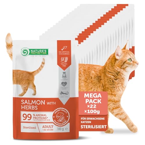 Nature’s Protection Nassfutter für sterilisierte Katzen - Getreidefreies Katzenfutter mit Lachs & Kräutern - Hypoallergenes Katzennassfutter für gesunde Verdauung & Gewichtskontrolle (22 x 100g) von Nature's Protection