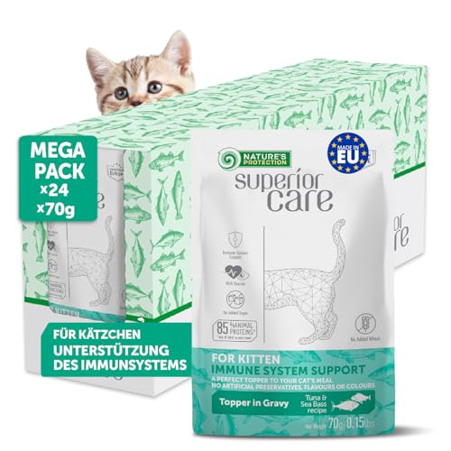 NATURE'S PROTECTION Katzen-Nassfutter Superior Care getreidefrei, mit Taurin & viel Protein für EIN gesundes Immunsystem, Großpackung Nassfutter Kitty Katzen-Futter, Thunfisch & Wolfsbarsch (24x70g) von Nature's Protection