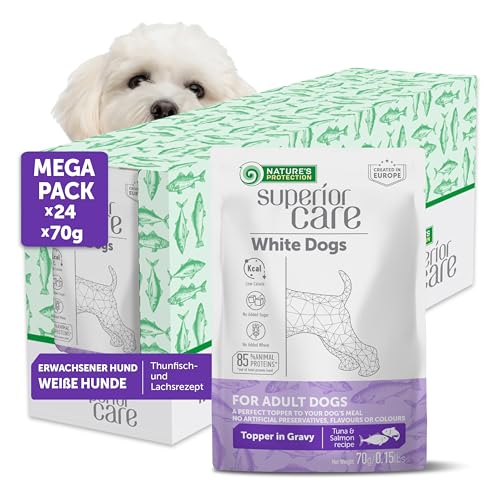 Nature’s Protection Superior Care Hundenassfutter mit Thunfisch & Lachs - Hundefutter ohne Getreide & hypoallergen - Für weiße erwachsene Hunde - Haut & Fellpflege - Reduziert Tränenflecken (24 x 70g) von Nature's Protection
