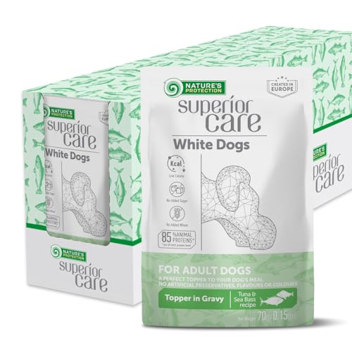 Nature’s Protection Superior Care Hundenassfutter mit Thunfisch & Wolfsbarsch - Hundefutter ohne Getreide & hypoallergen für weiße Hunde - Haut & Fellpflege - Reduziert Tränenflecken (24 x 70g) von Nature's Protection
