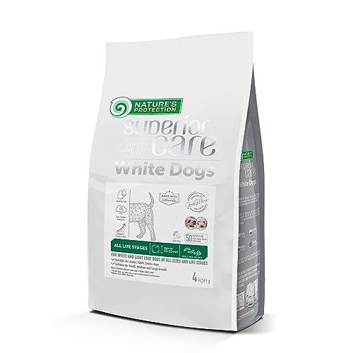 Nature's Protection Superior Care White Dog Glutenfrei Trockenhundefutter Für alle Größen und Lebensphasen von Hunden mit hellem Fell, Insekten und weißer Reis Größere Brocken 4kg. von Nature's Protection