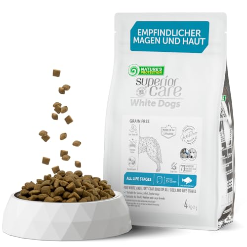 Nature's Protection Superior Care White Dog Getreidefrei Trockenhundefutter Für alle Größen und Lebensphasen Hund Mit Weißfischmehl Größere Brocken 4kg von Nature's Protection