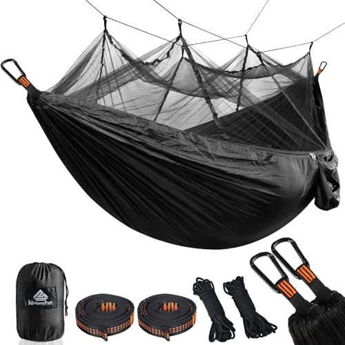 NATUREFUN Ultraleichte Moskito Netz Camping Hängematte 300kg Tragfähigkeit,(275 x 140 cm) Atmungsaktiv, schnell trocknende Fallschirm Nylon Enthalten 2 x Premium Karabinerhaken 4 x Nylonschlingen von NatureFun