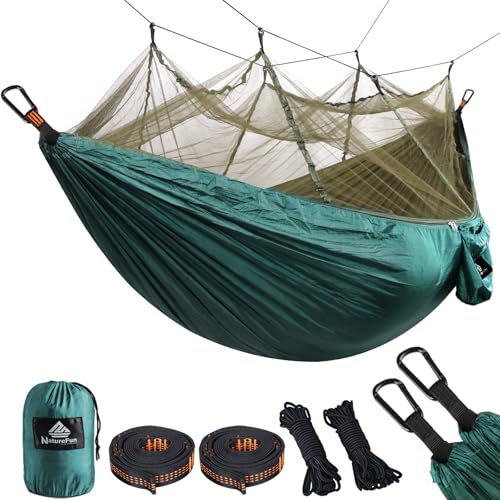 NatureFun Ultraleichte Moskito Netz Camping Hängematte 300kg Tragfähigkeit,(275 x 140 cm) Atmungsaktiv, schnell trocknende Fallschirm Nylon Enthalten 2 x Premium Karabinerhaken 4 x Nylonschlingen von NatureFun