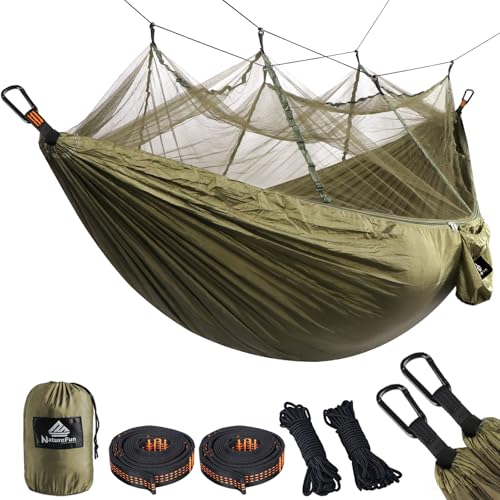 NATUREFUN Ultraleichte Moskito Netz Camping Hängematte 300kg Tragfähigkeit,(275 x 140 cm) Atmungsaktiv, schnell trocknende Fallschirm Nylon Enthalten 2 x Premium Karabinerhaken 4 x Nylonschlingen von NatureFun