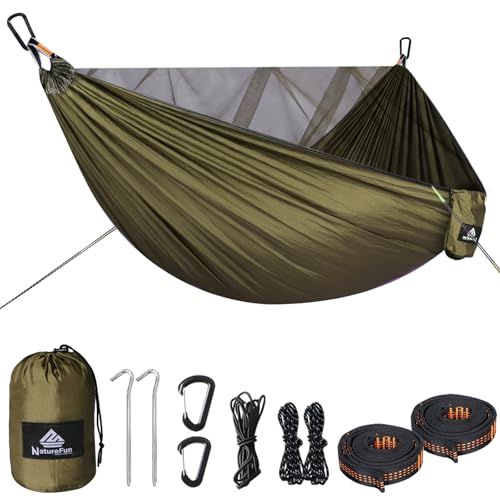 NatureFun Camping Hängematte mit Moskitonetz | 300kg Belastbarkeit,(290 x 140 cm) Atmungsaktives,schnell trocknendes Fallschirm-Nylon | Komplettes Zubehör | Einfacher Aufbau von NatureFun