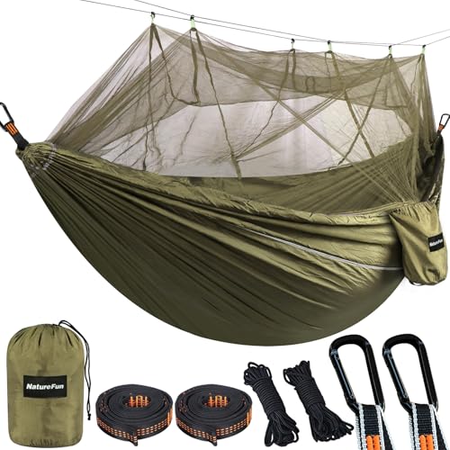 NatureFun Ultraleichte Moskito Netz Camping Hängematte (300 X 200 cm) 300kg Tragfähigkeit,Atmungsaktiv, schnell trocknende Fallschirm Nylon Enthalten 2 x Premium Karabinerhaken 4 x Nylonschlingen von NatureFun