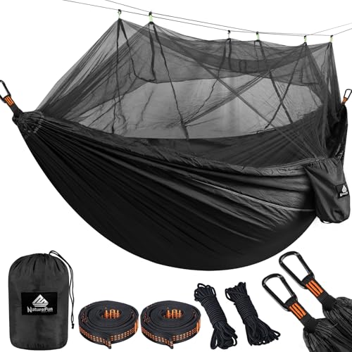 NatureFun Ultraleichte Moskito Netz Camping Hängematte (300 X 200 cm) 300kg Tragfähigkeit,Atmungsaktiv, schnell trocknende Fallschirm Nylon Enthalten 2 x Premium Karabinerhaken 4 x Nylonschlingen von NatureFun