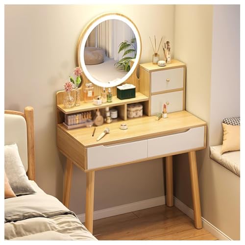NatureHaven Frisiertisch Aus Holz Mit Spiegel, Led Leuchten Und Schubladen, Kleiner Moderner Frisiertisch 3 Farbmodi VerfüGbar, füR Das Ankleidezimmer Im MäDchenschlafzimmer, Holzfarbe von NatureHaven