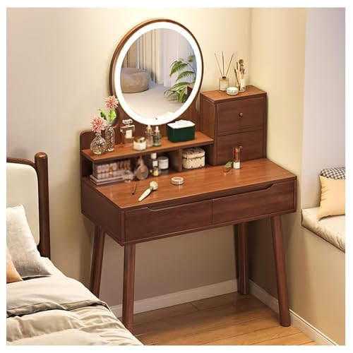 NatureHaven Kleiner Schminktisch mit Holzplatte LED Beleuchtung 4 Schubladen 3 Farbmodi, für Schlafzimmer und Ankleidezimmer (Braun) von NatureHaven