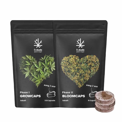 Bubudz Dünger Kapseln Grow & Bloom Set | Cannabis Dünger mit Anzuchttöpfen | Hanf Dünger Komplettset | Indoor & Outdoor für Hanf Pflanzen | Blühphase & Wachstumsphase | Biologischer Dünger von NatureHolic