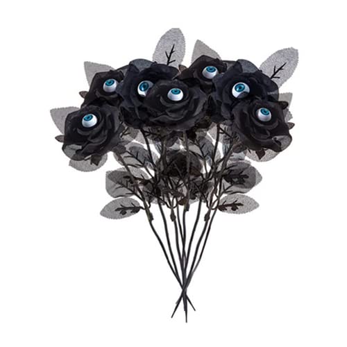 NatureMan 10 Stück Halloween schwarze künstliche Rosen mit Augäpfeln, künstliche Seidenrosensträuße für Halloween-Partys, Dekoration für Zuhause, Hochzeitsdekoration (schwarz) von NatureMan