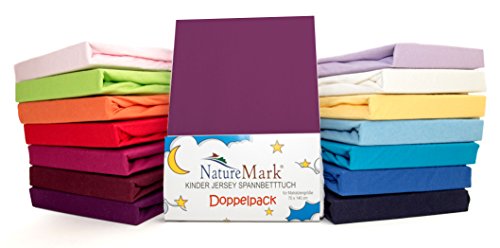 2er Sparpack Kinder Spannbettlaken Jersey 100% Baumwolle für Kinderbettmatratzen ÖKO Tex Geprüft- Gr. 70 x 140 cm, Lila / Pflaume von NatureMark