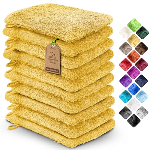 NatureMark 10er Pack Frottee Waschhandschuhe Waschlappen 100% Baumwolle Gelb 15x21cm von NatureMark