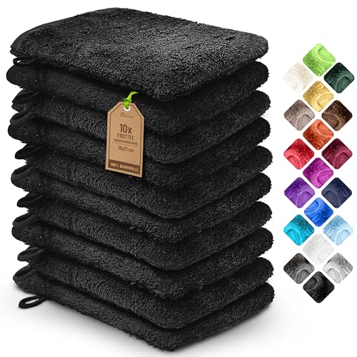 NatureMark 10er Pack Frottee Waschhandschuhe Waschlappen 100% Baumwolle Schwarz 15x21cm von NatureMark