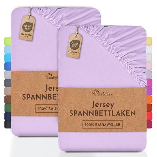NatureMark 2er Pack Jersey Spannbettlaken, Spannbetttuch 100% Baumwolle in vielen Größen und Farben MARKENQUALITÄT ÖKOTEX Standard 100 | 200x220 cm +40 Steg - Flieder/Lavendel von NatureMark