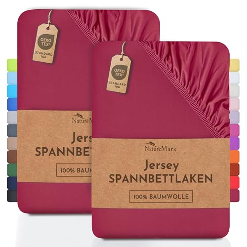 NatureMark 2er Pack Jersey Spannbettlaken, Spannbetttuch 100% Baumwolle in vielen Größen und Farben MARKENQUALITÄT ÖKOTEX Standard 100 | 120x200 cm - Bordeaux rot von NatureMark