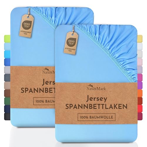 NatureMark 2er Pack Jersey Spannbettlaken, Spannbetttuch 100% Baumwolle in vielen Größen und Farben MARKENQUALITÄT ÖKOTEX Standard 100 | 140 x 200 cm - 160 x 200 cm - hell blau von NatureMark