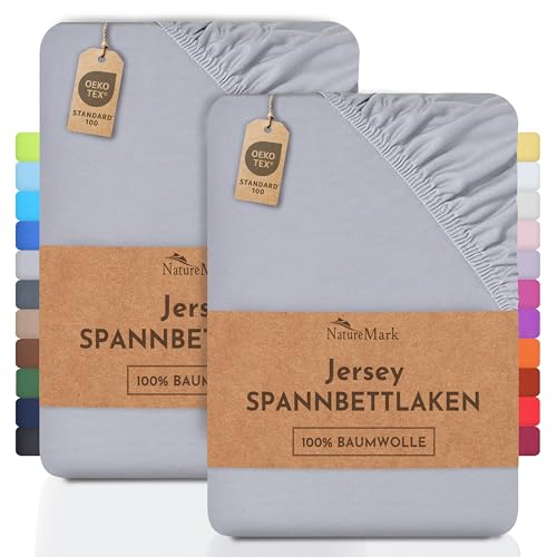 NatureMark 2er Pack Jersey Spannbettlaken, Spannbetttuch 100% Baumwolle in vielen Größen und Farben MARKENQUALITÄT ÖKOTEX Standard 100 | 140 x 200 cm - 160 x 200 cm - Silber grau von NatureMark