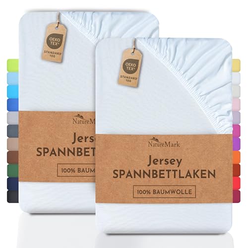 NatureMark 2er Pack Jersey Spannbettlaken, Spannbetttuch 100% Baumwolle in vielen Größen und Farben MARKENQUALITÄT ÖKOTEX Standard 100 | 140 x 200 cm - 160 x 200 cm - weiß von NatureMark