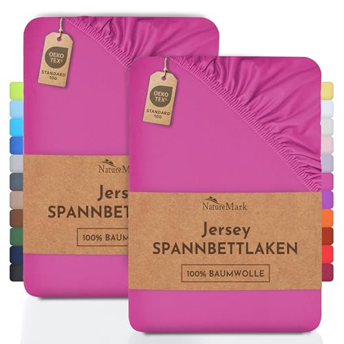 NatureMark 2er Pack Jersey Spannbettlaken, Spannbetttuch 100% Baumwolle in vielen Größen und Farben MARKENQUALITÄT ÖKOTEX Standard 100 | 200x220 cm +40 Steg - pink von NatureMark