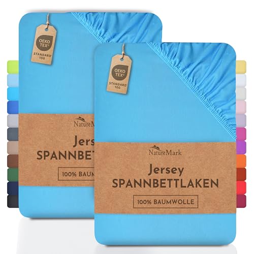 NatureMark 2er Pack Jersey Spannbettlaken, Spannbetttuch 100% Baumwolle in vielen Größen und Farben MARKENQUALITÄT ÖKOTEX Standard 100 | 200x220 cm +40 Steg - türkis von NatureMark