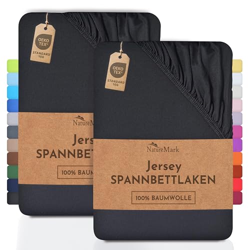 NatureMark 2er Pack Jersey Spannbettlaken, Spannbetttuch 100% Baumwolle in vielen Größen und Farben MARKENQUALITÄT ÖKOTEX Standard 100 | 90 x 200 cm - 100 x 200 cm - schwarz von NatureMark