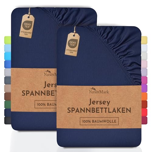 NatureMark 2er Pack Jersey Spannbettlaken, Spannbetttuch 100% Baumwolle in vielen Größen und Farben MARKENQUALITÄT ÖKOTEX Standard 100 | 120x200 cm - Navy blau von NatureMark