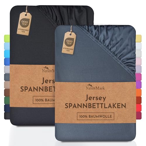 NatureMark 2er Pack Jersey Spannbettlaken, Spannbetttuch 100% Baumwolle in vielen Größen und Farben MARKENQUALITÄT ÖKOTEX Standard 100 | 140 x 200 cm - 160 x 200 cm - Anthrazit/Schwarz von NatureMark